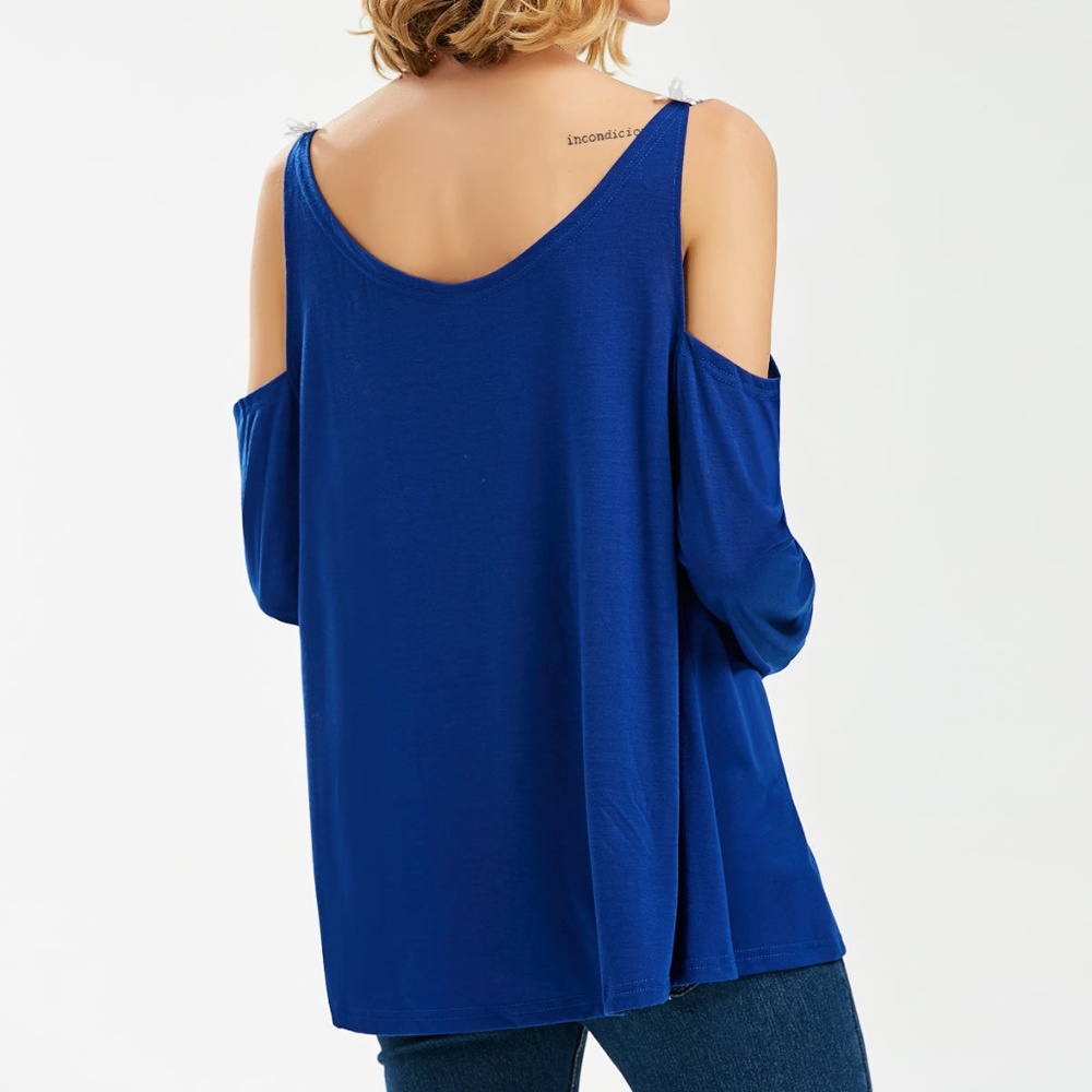 Blue Cold Shoulder Long Flare Sleeves Lace Top - Picture 4 of 6